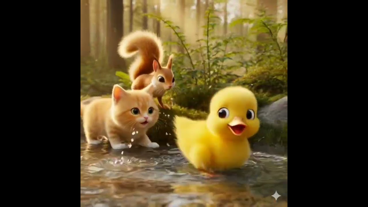 Duck and cat and squirrel having fun outside