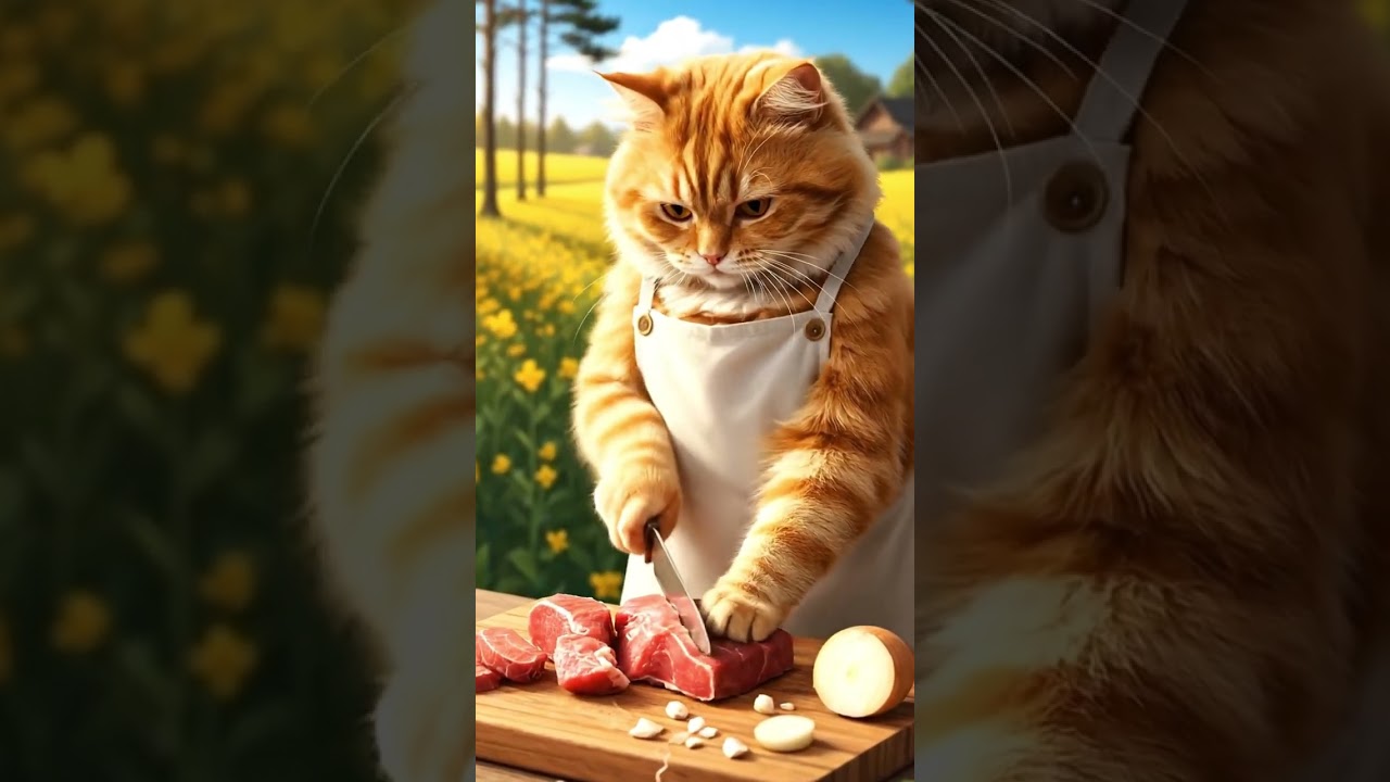 ASMR Cooking with a Cat: Sizzling Beef Fried Rice! #cat #meow #shorts #art