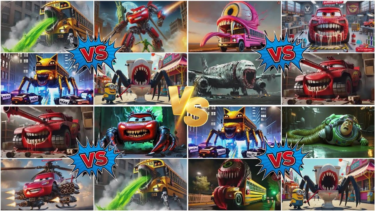 Lightning McQueen 🆚 McQueen Сombad  🆚 School Bus Monster 🆚 School Bus  - Spinning Wheel