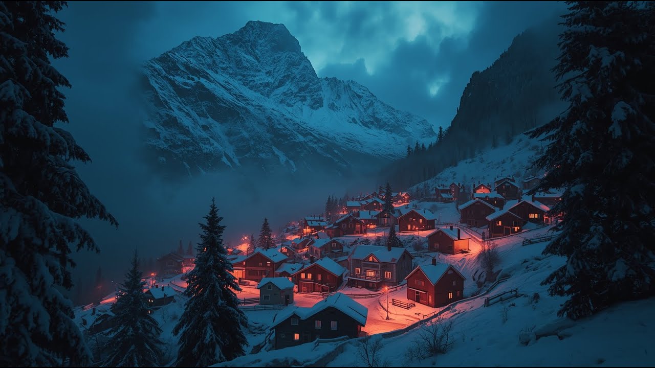 Peaceful Snowy Mountain Village Night ❄️ Cozy Fireplace Crackling & Relaxation Winter Wind