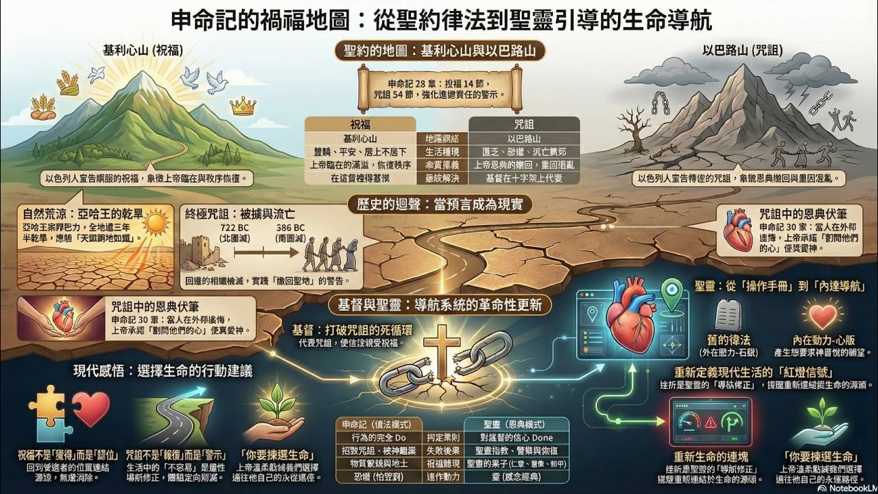 申命記的禍福地圖與耶穌基督恩典：耶穌代受咒詛，使人透過聖靈從外在律法轉向內在心靈的更新，重新開啟您與神的關係