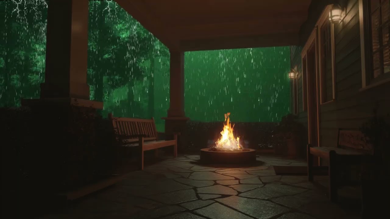 Heavy Rain at Night with Fireplace Glow for Deep Relaxation
