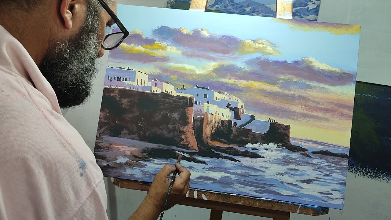 كيفيه رسم منظر طبيعي على القماش بالوان الاكريليك