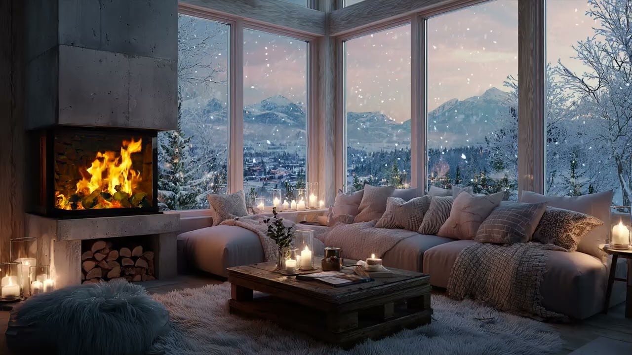 Falling snow softens every sound 🌙 as windows hold warmth against the cold night