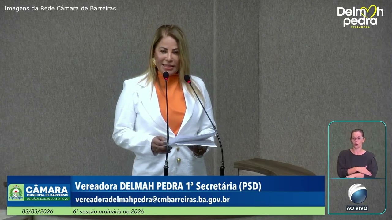 Vereadora Delmah Pedra discursa durante a 06ª Sessão Ordinária da Câmara de Barreiras -  03/03/2026