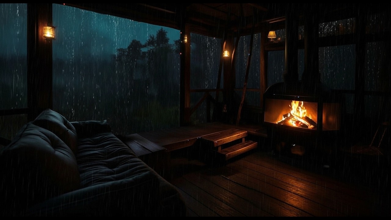 Rainy Night in a Cabin with Fireplace | Cozy Ambience for Relax and Beat Insomnia
