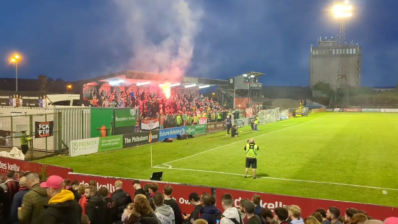 12.05.2023 Derry City fans celebrating their win against Bohemians Dublin after the game