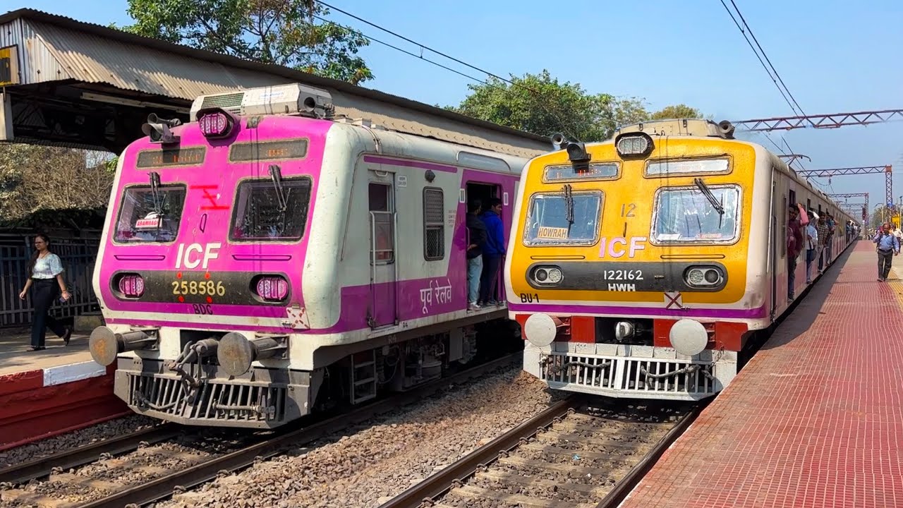 Modern Sleek Aerodynamic Indian EMU trains crossing action at historic Hind motor Station