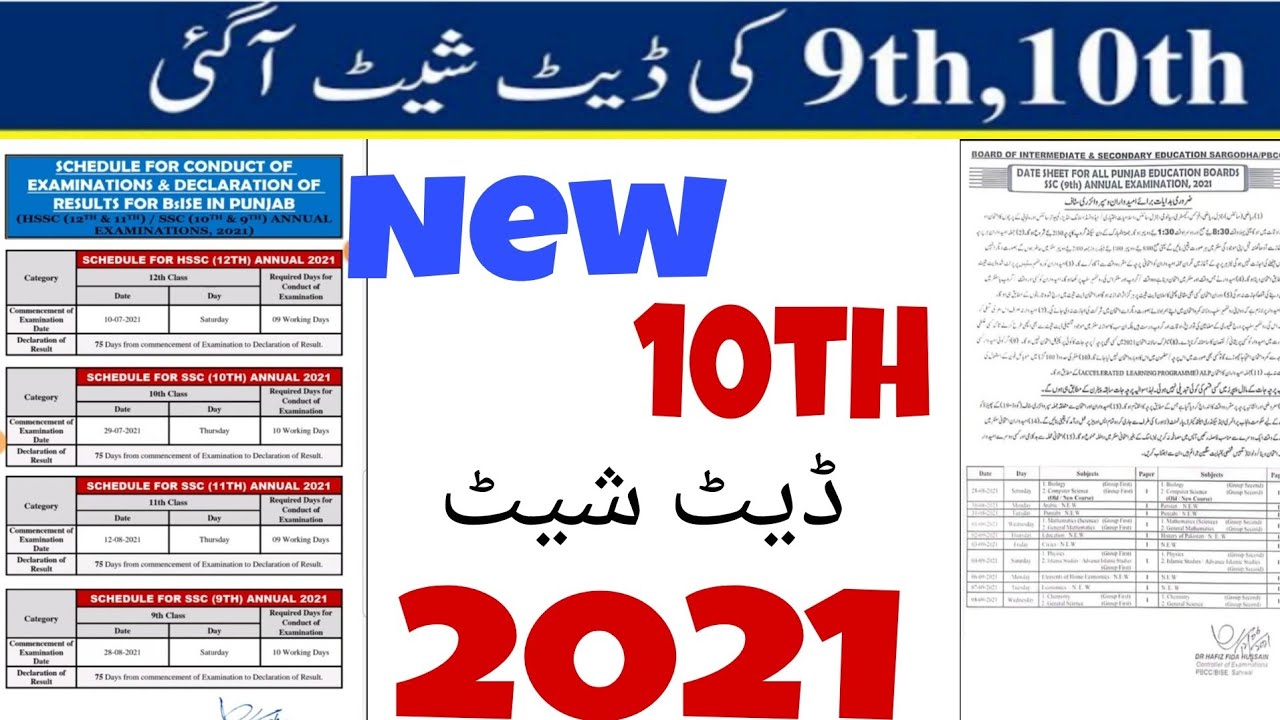 10th Class Official Date Sheet 2021 for all Punjab Board/Matric Date Sheet 2021/Lubna Science
