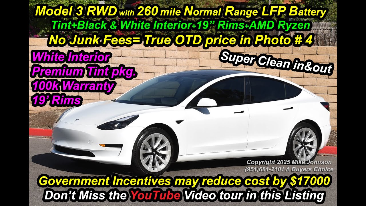 Tesla Model 3 2022 года с аккумулятором LFP = запас хода в 260 миль, белый на белом с улучшенными...