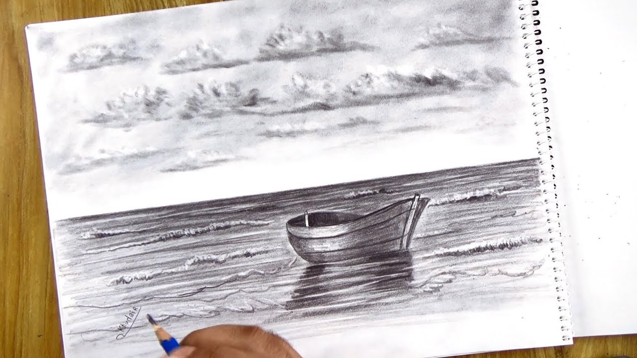 رسم قارب سفينه بالقلم الرصاص