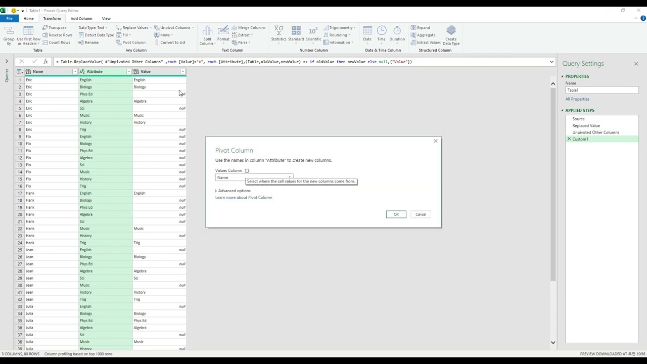 [Power Query] Replace Each x in a Matrix With Column Headers in PowerQuery