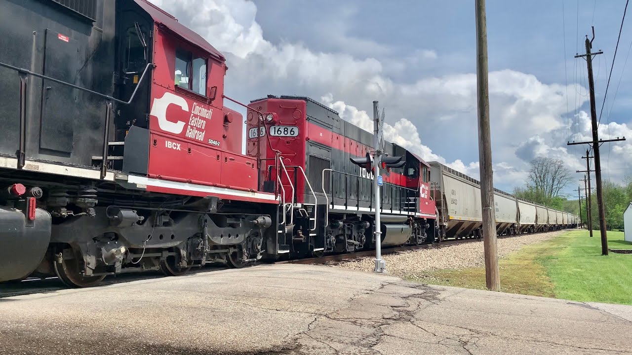 Biggest Grain Train Of Year Attacks The Hill Long Hood Forward!  Indiana & Ohio Railway Bonus Also!
