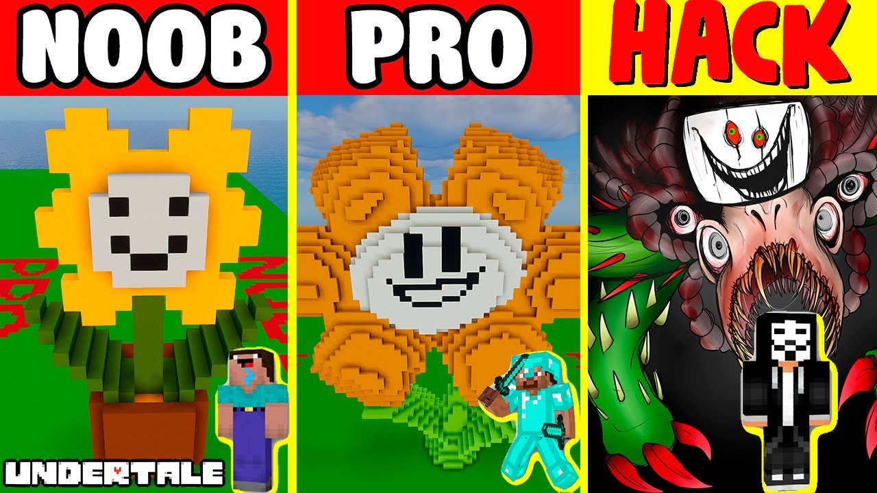 Minecraft Battle: NOOB vs PRO vs HACKER: FLOWEY from UNDERTALE BUILD CHALLENGE / Animation