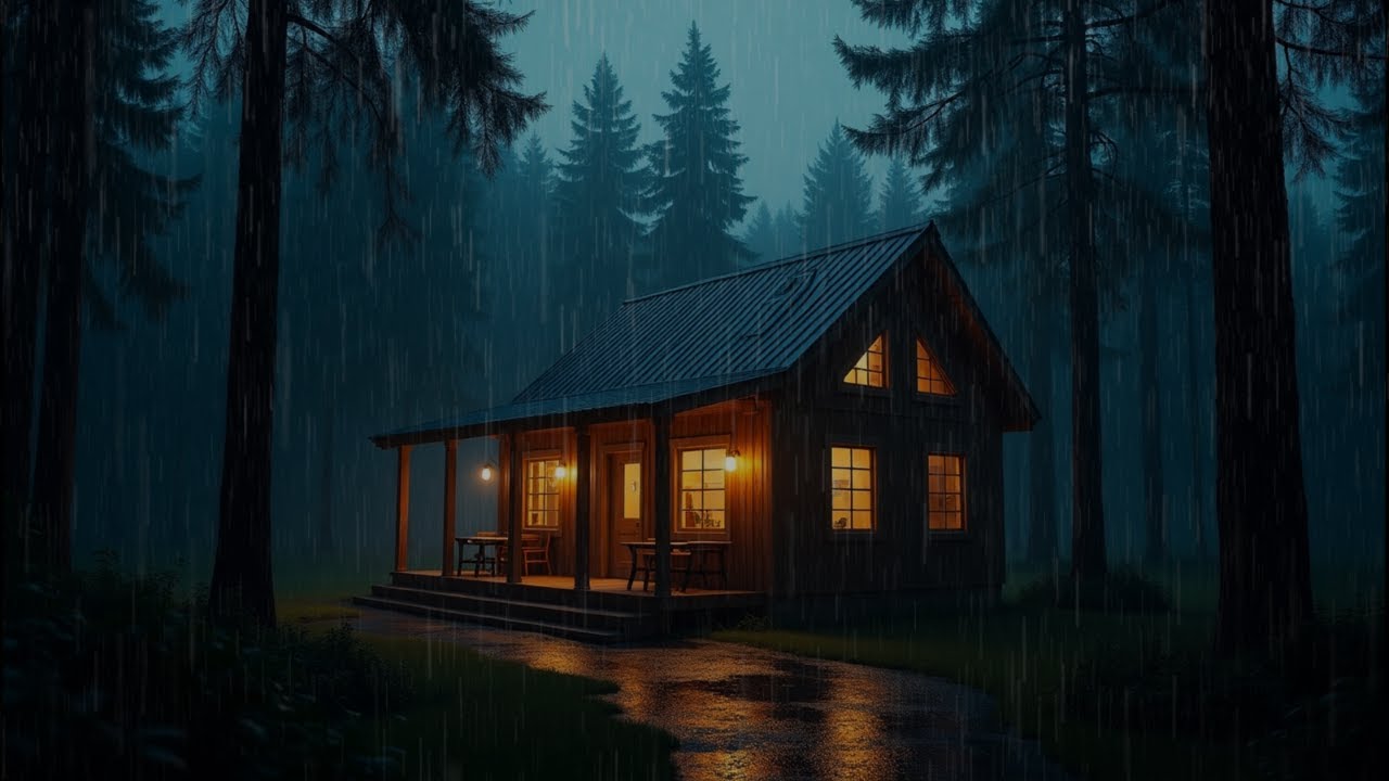 Night Rain at the Forest Cabin by the Lake🌧️🌲Soft Thunder & Rain Sounds for Relaxation & Calm Sleep