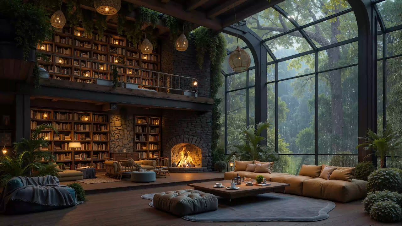Soothing Rain Jazz Piano 🌧️ Cozy Cabin Ambience on Rainy Day with Fireplace Sounds for Relaxation 🔥