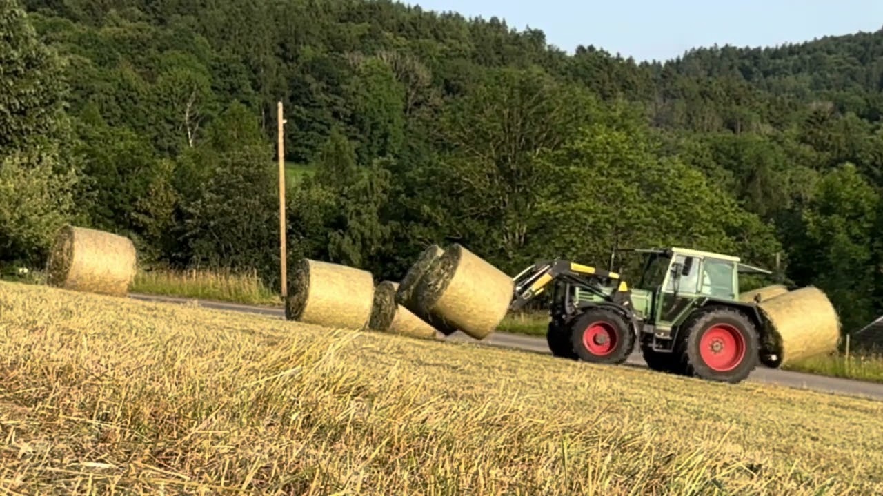 Fendt 308 LSA mit Ballentransportgabel beim Heuballentransport