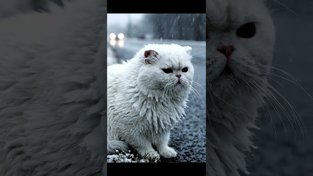 kucing meong di cuaca salju pinggir jalan