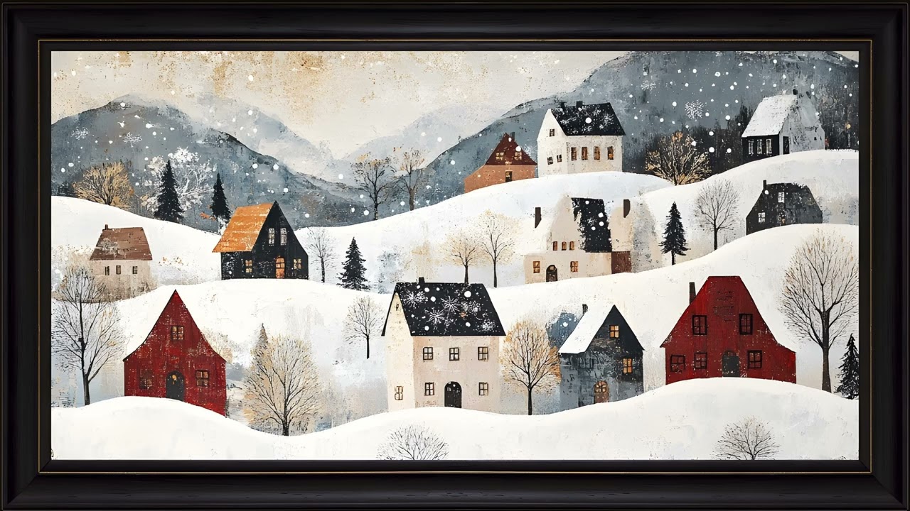 Snowy Winter Village Landscape 4K: Framed TV Art Screensaver