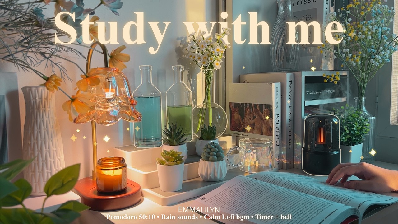 🌷4-HOUR Study With Me • Rain sounds☔+ Calm Lofi bgm • Pomodoro 50-10 • Day313🪴