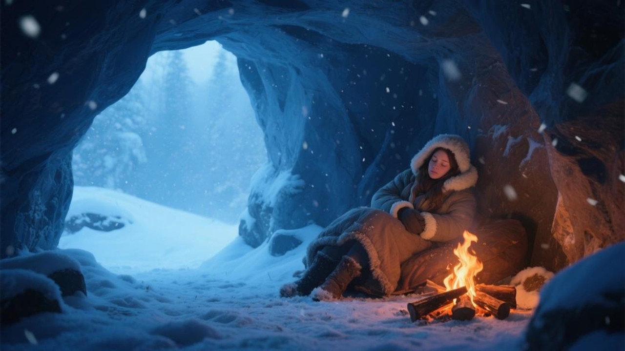 Winter Night Calm Sleep Music Snowy Air and Fireplace