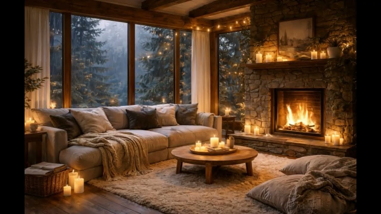 3 Hours of Cozy Fireplace Ambience 🔥 Scandinavian Living Room, Rain Sounds & Relaxing Atmosphere
