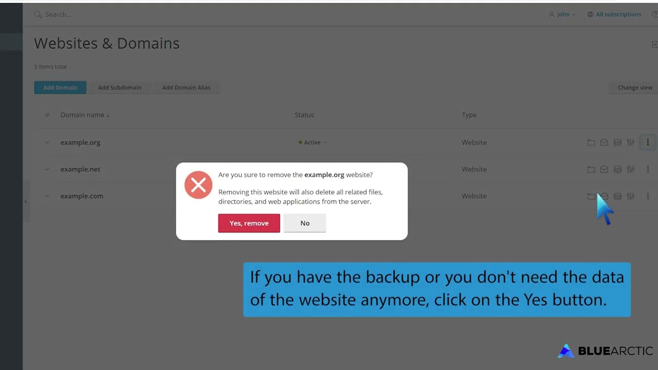 How to remove a domain in Plesk   BLUE ARCTIC
