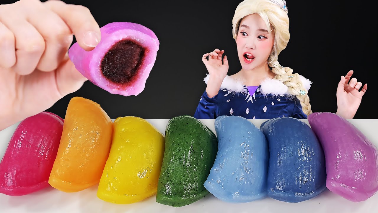 Elsa Rainbow Rice cake 무지개 색깔 떡 Mukbang JiniYum 지니얌 먹방