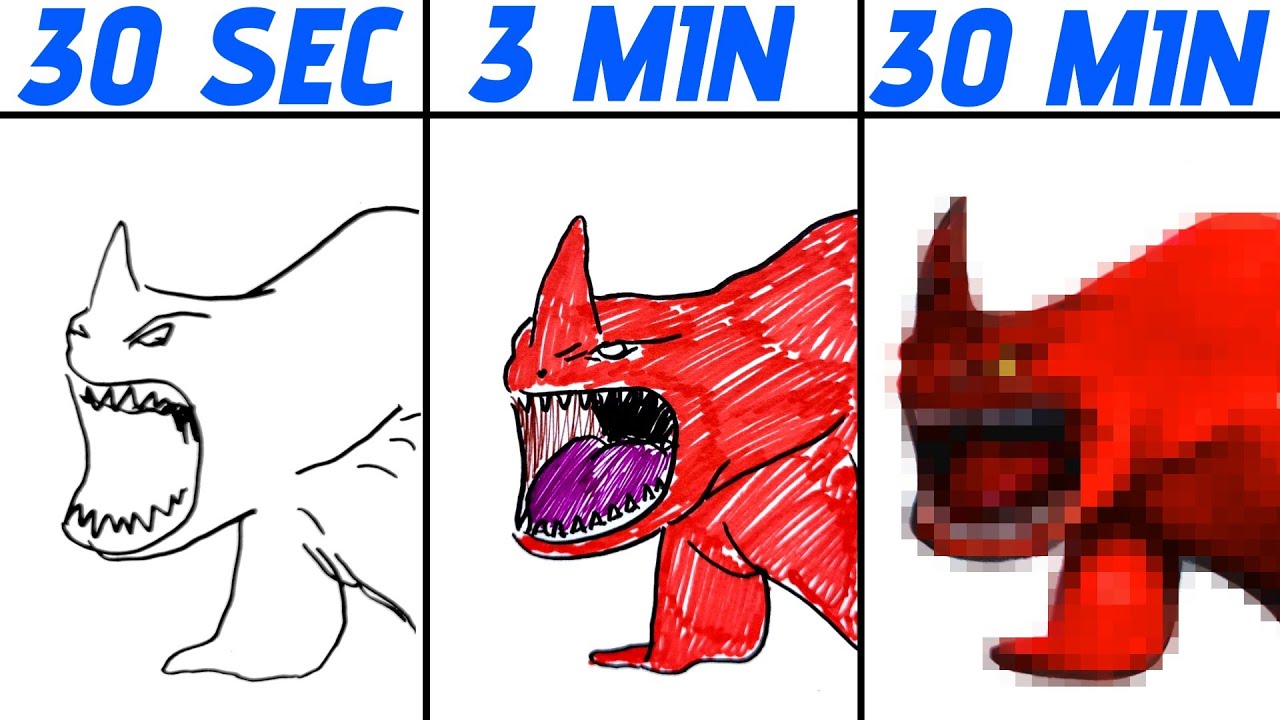Drawing The Red Bluster (The Sea Beast) in 30 Sec, 3 Min & 30 Min | Deep Sea Monster Art Challenge