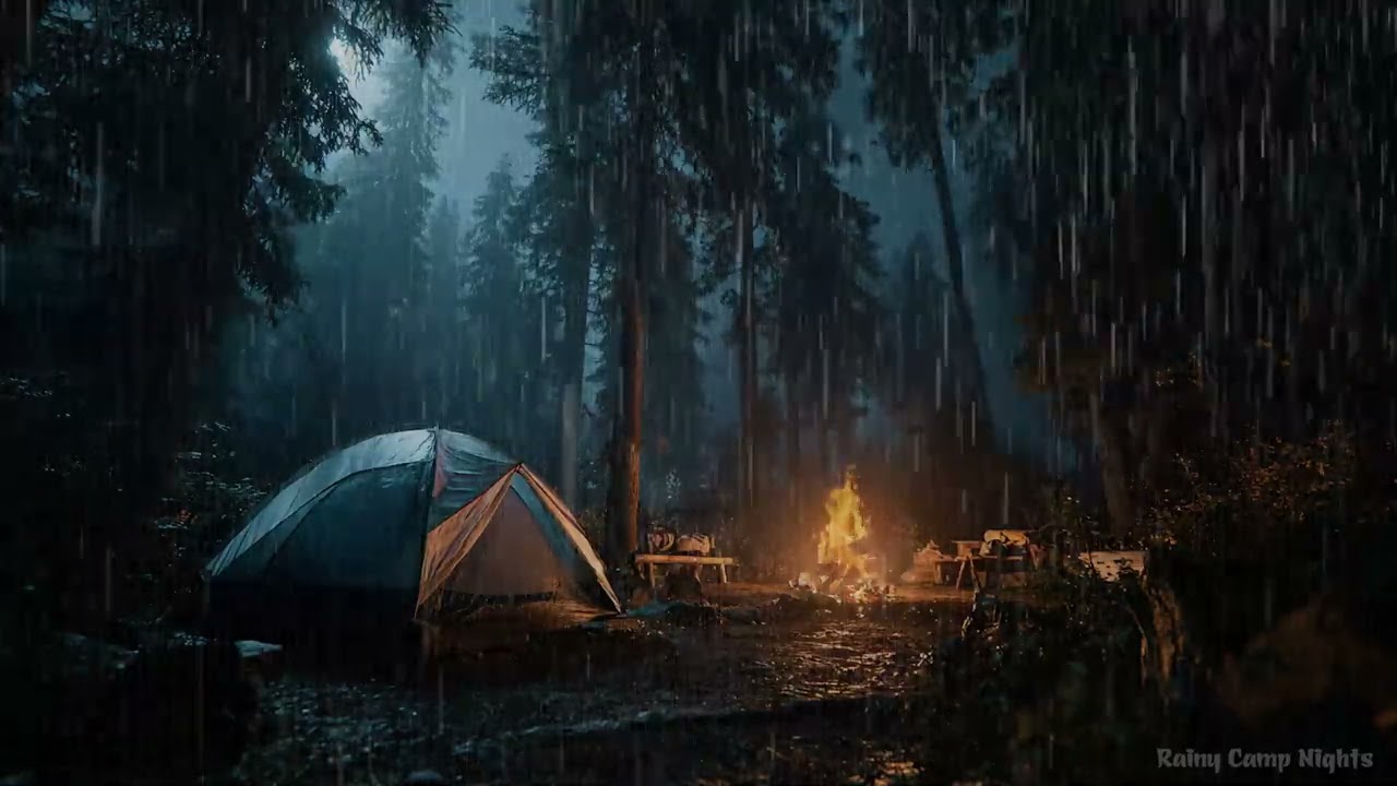 Schlafgeräusche aus der Natur – Regen, Wind und Lagerfeuer bei Nacht im dunklen Waldcamp