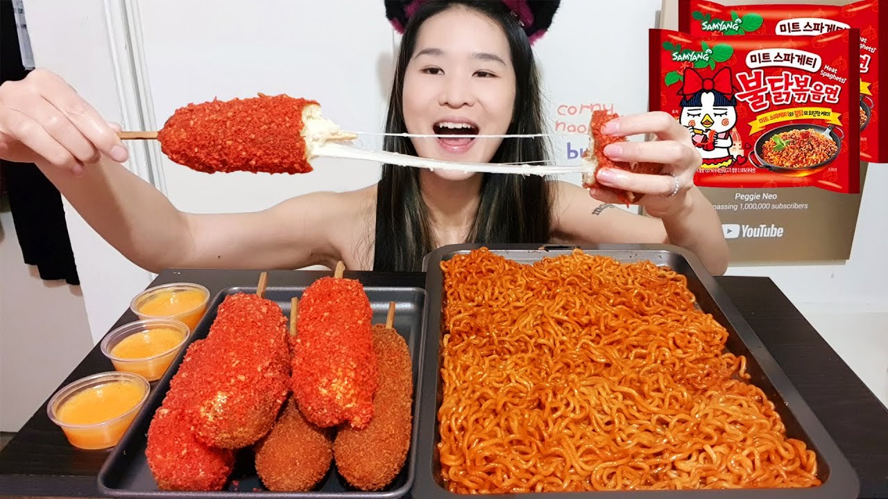 CHEESY KOREAN CORN DOGS & FIRE NOODLES! Samyang Buldak Tomato Paste Ramen - Spicy Mukbang Asmr