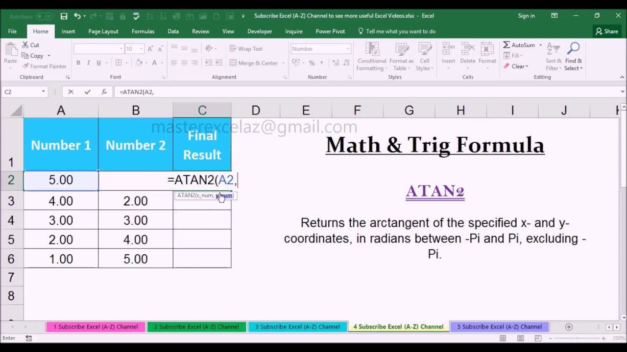 ATAN2 Math & Trig Function with Example in MS Office Excel Spreadsheet 2016
