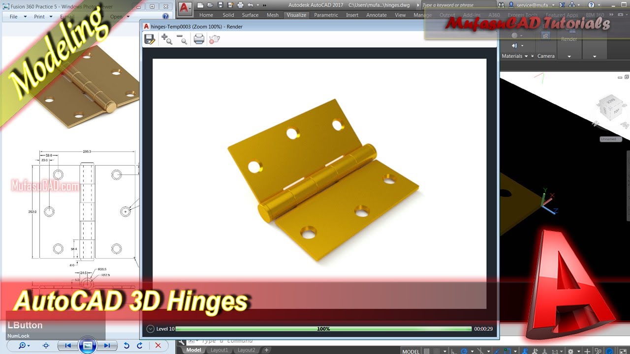 AutoCAD 3D Modeling + Rendering Hinges Tutorial Practice Exercise 41