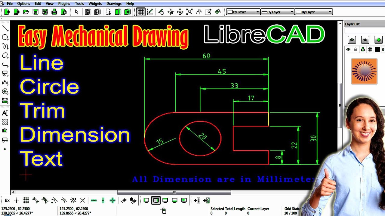 Easy Mechanical Drawing with Librecad for Beginners || Circle, Trim, Dimension Tutorial in Librecad