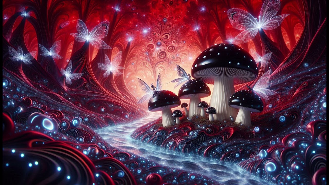 Red Fractal Forest with a River , Mushrooms and Butterflies Wallpaper / Background  ( No Sound )