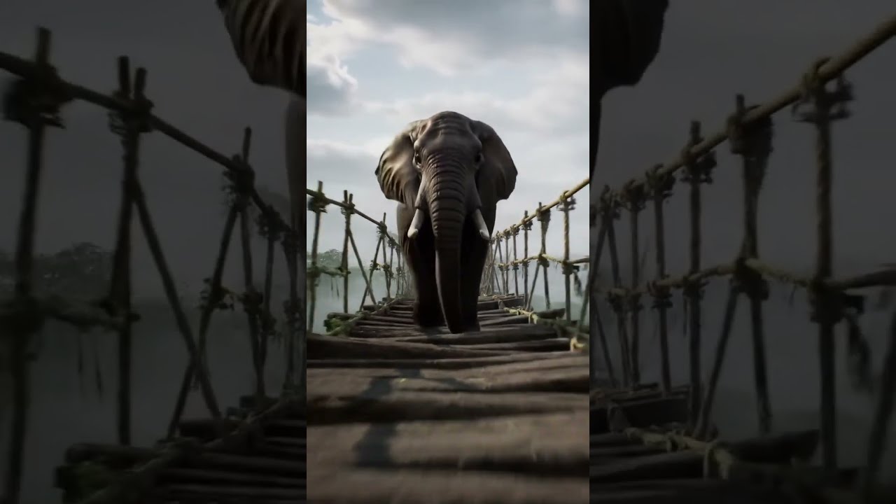 massive #elephant  running  #dangerous  old wooden bridge