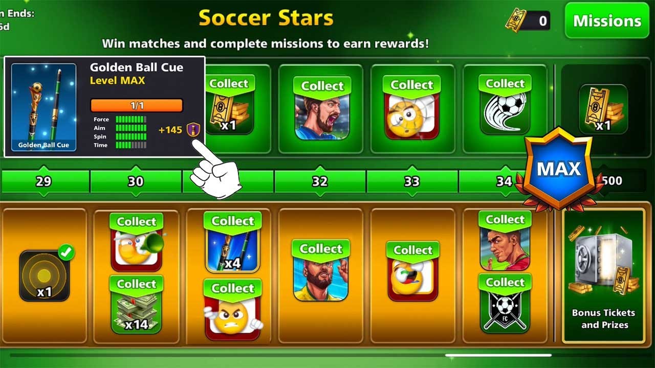 Soccer Stars New 8 ball pool 😍 Pool Pass Level Max Beautiful Cues