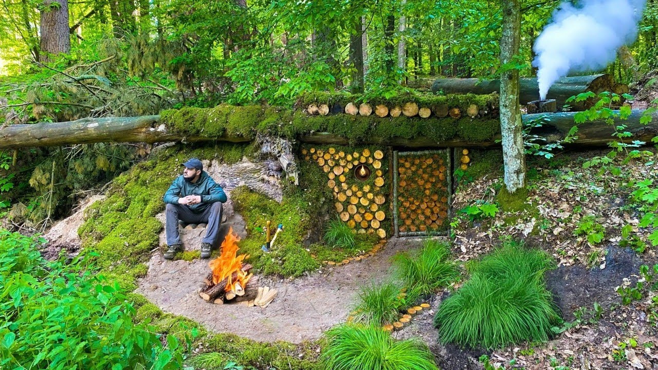 Building a COZY Shelter in the RAINFOREST Bushcraft Dugout  Cooking on a FIRE.