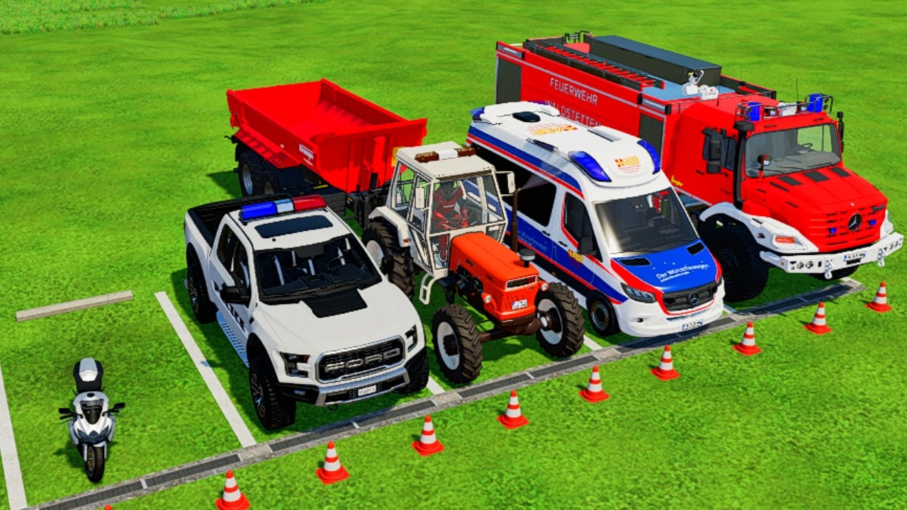 TRANSPORTING CARS, AMBULANCE, POLICE CARS, MOTORCYCLE, FIRE TRUCK OF COLORS! WITH TRUCKS! - FS 22