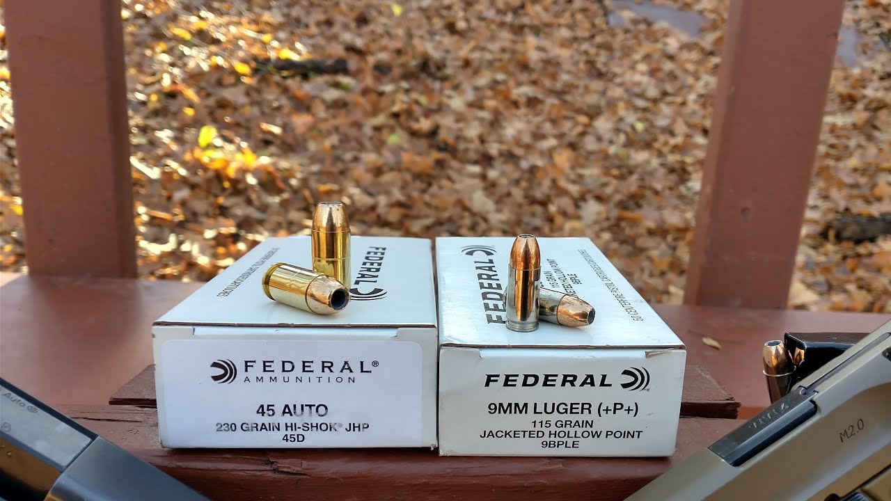9mm +P+ Manstopper! Federal 9BPLE 115 gr JHP VS Federal Hi-Shok .45 ACP 230 gr JHP