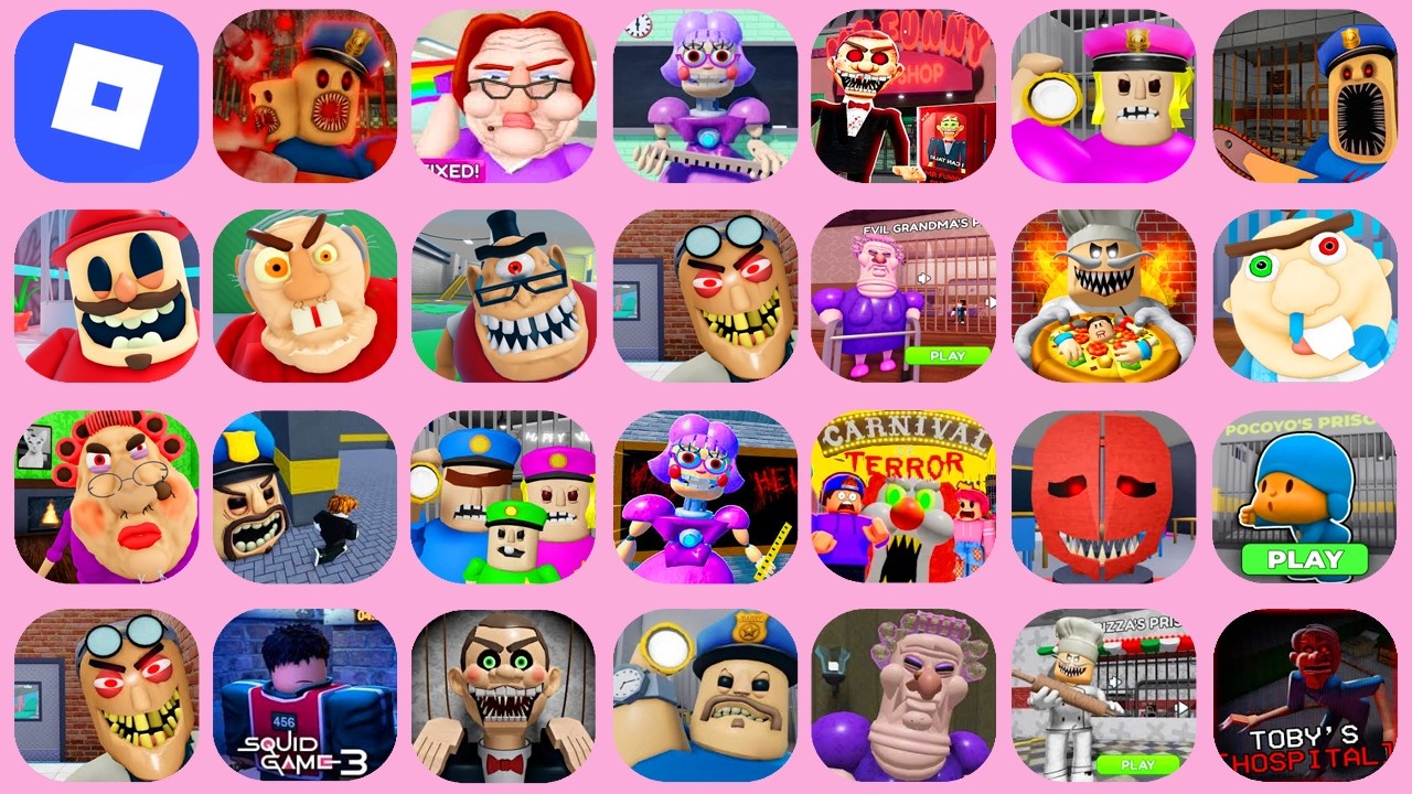 ROBLOX:EPIC SCHOOL,BOB THE DENTIST,EVIL GRANDPA,GRUMPY GRAN,BARRY'S PRISON,POCOYO PRISON,INK GAME...
