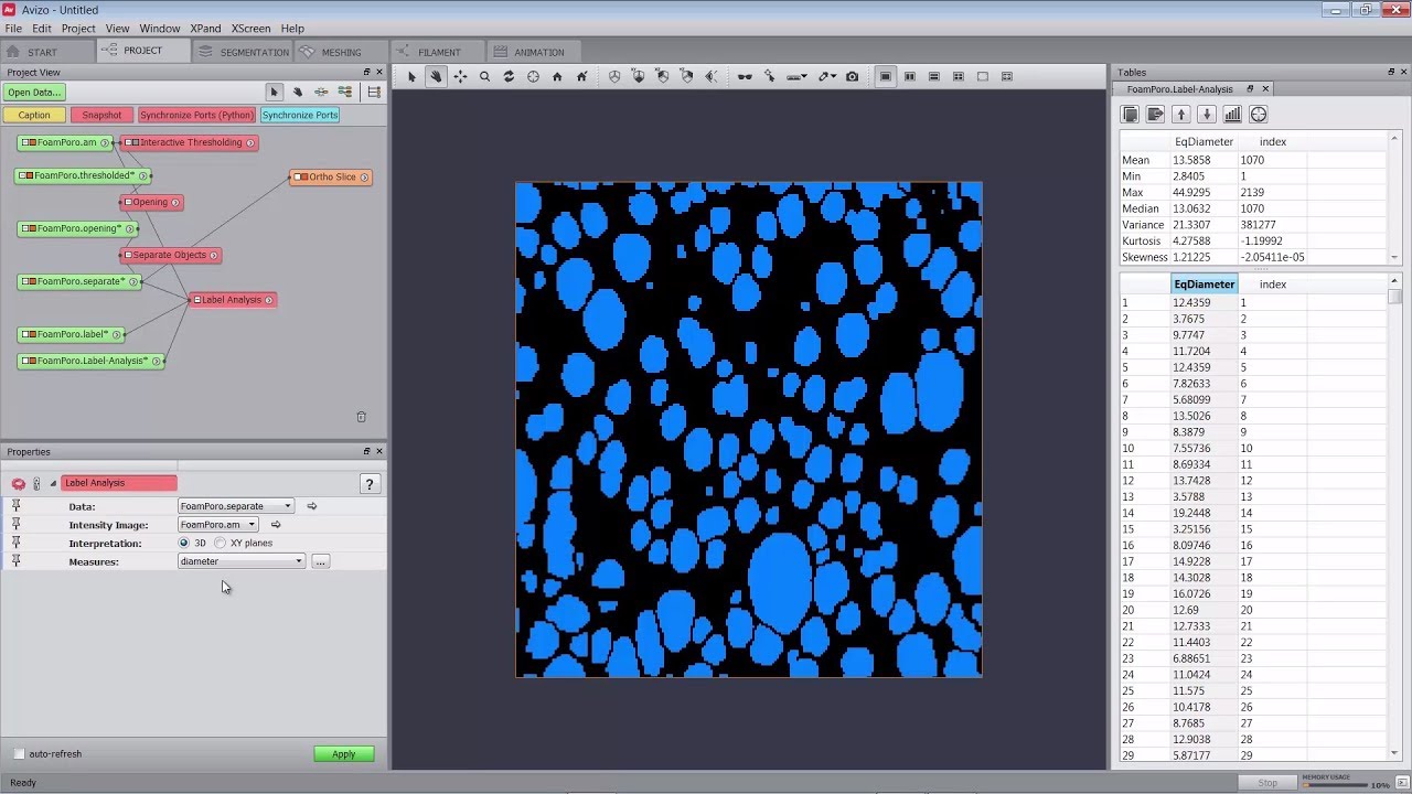 Amira-Avizo Software | Measuring diameter and sphericity of pores