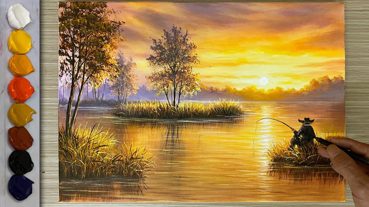 How to draw a man fishing - Acrylic / Sunset landscape painting / Art painting.