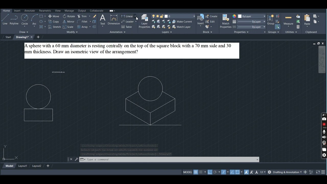 SPHERE ON SQUARE BLOCK#isometricprojection #autocad #engineeringdrawing