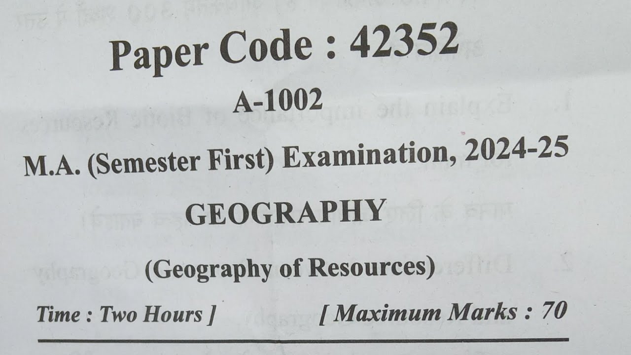 MA Semester 1st GEOGRAPHY (Geography of Resources)Paper 2nd Question Paper 2024&ndash;25 #mjpru #geography