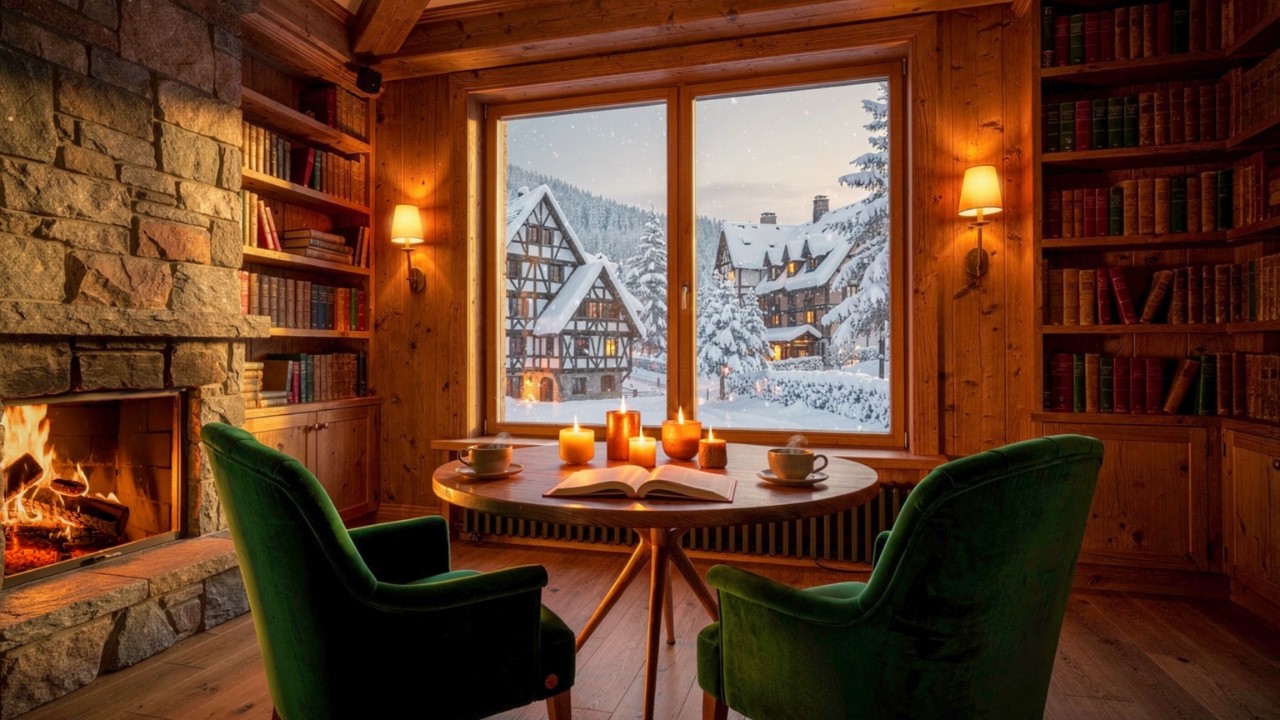 Snowy Winter Coffee Shop Ambience ☕ Smooth Jazz & Cozy Fireplace for Study, Work, Sleep and Reading