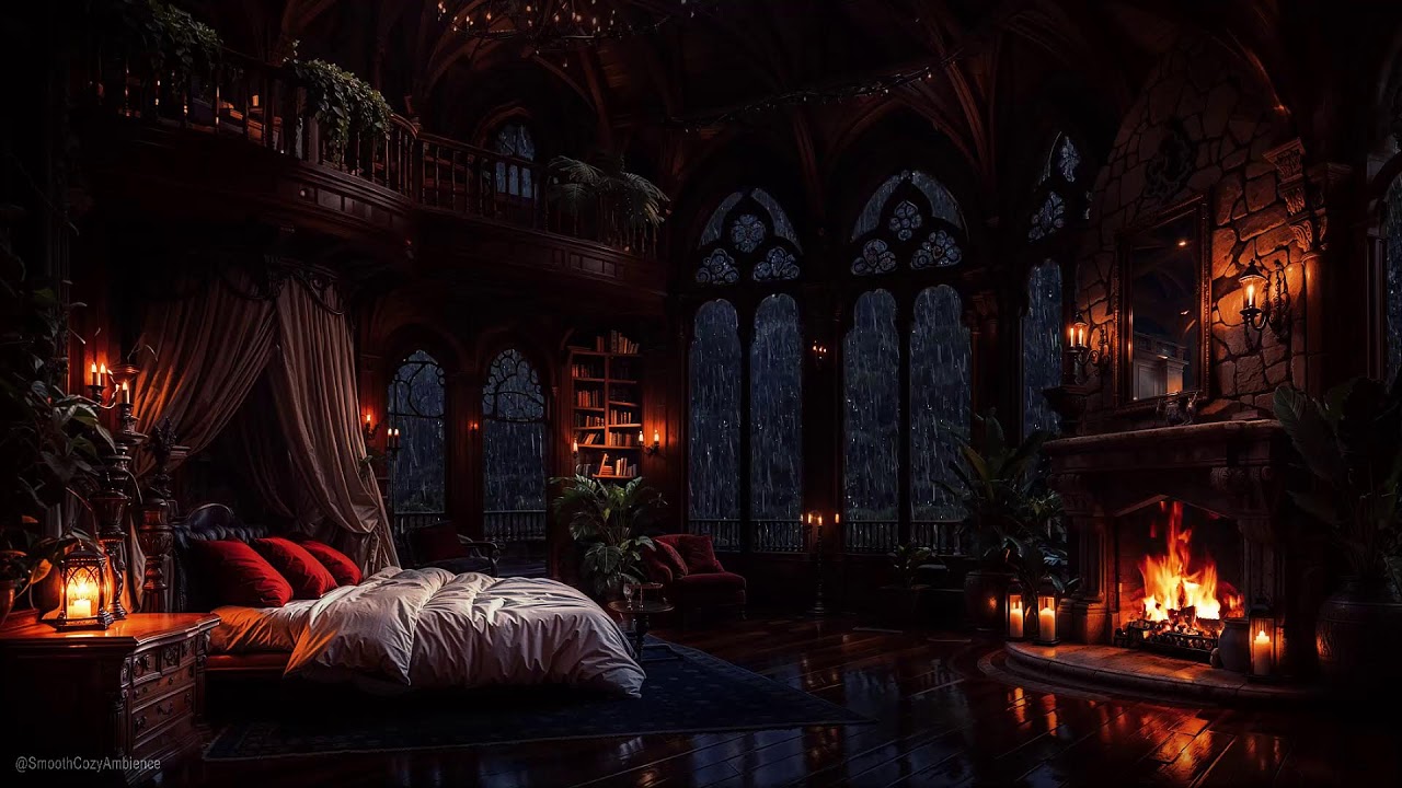 Rain for Stress Relief - Royal Castle Bedroom With Fireplace Sounds