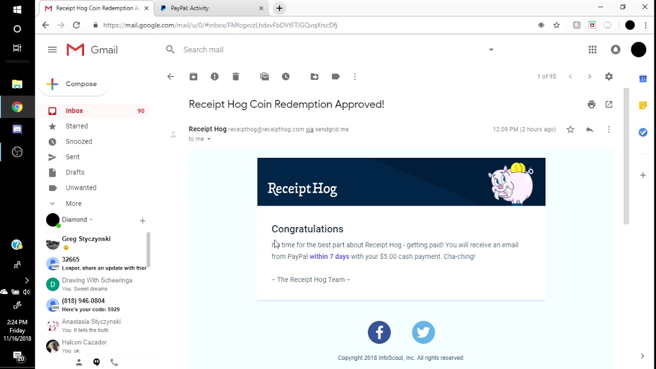 Proof that Receipt Hog sends money