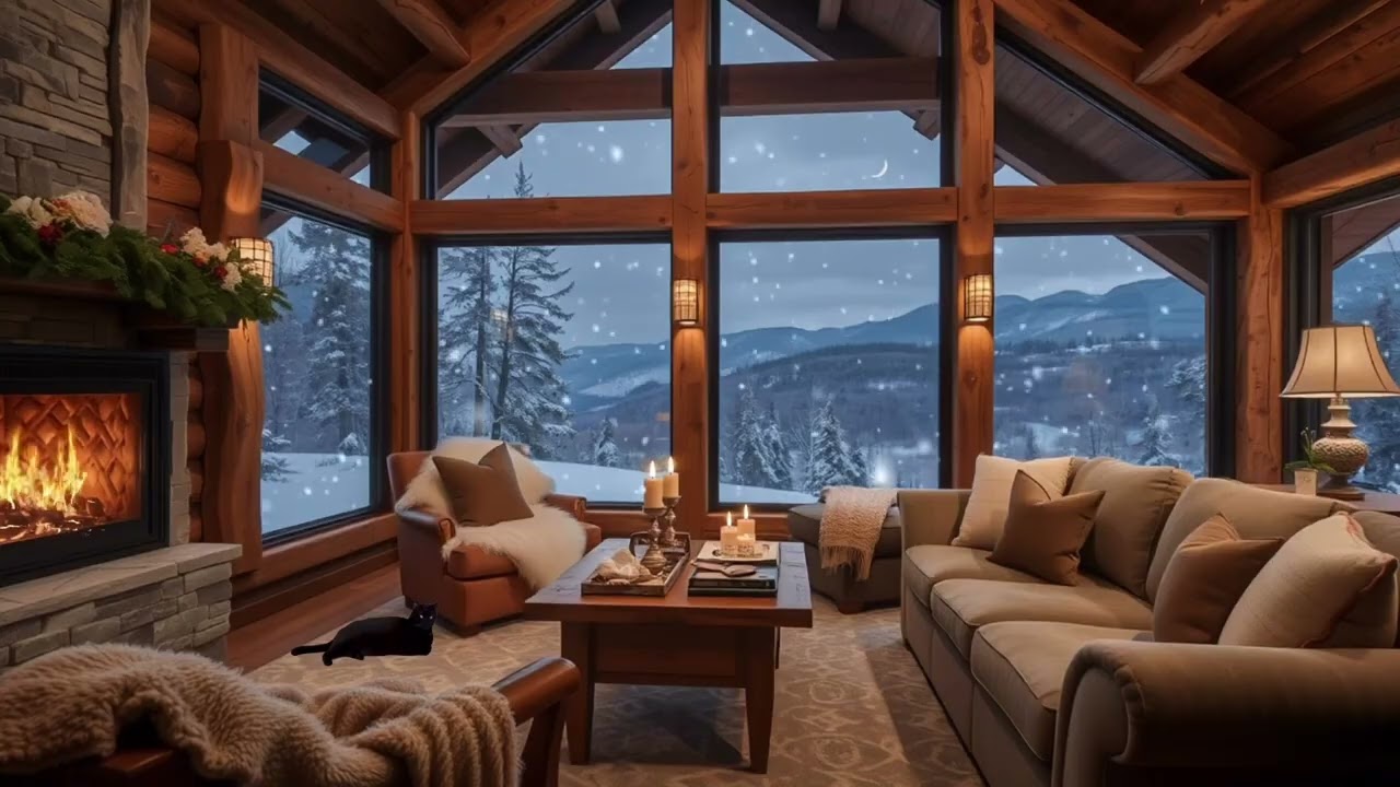 Warm & Cozy Cabin | Snowfall ❄️View & Fireplace 🔥Ambience#pianosound #relax #snow #fireplace #fyp