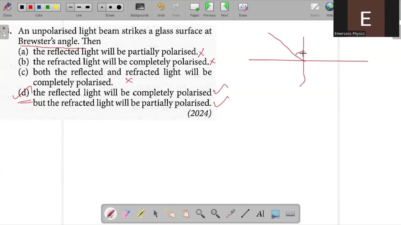 An unpolarised light beam strikes a glass surface at Brewster's angle. Then